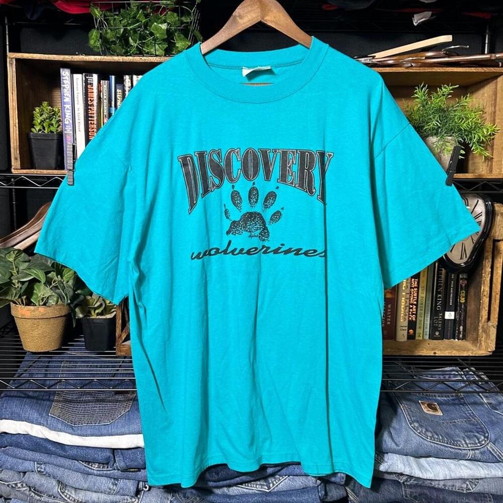Vintage 90s Single Stitch Discovery Wolverines Tee Blue Dog Paw Print XL Shirt